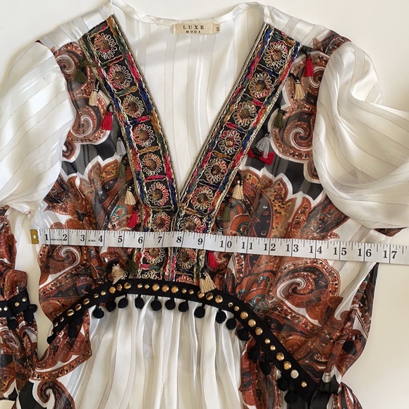 Luxe Moda boho tassel fringe V neck studded embroidered tunic blouse size S - Picture 8 of 12